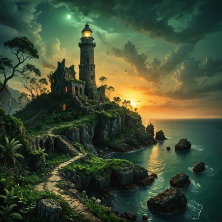 A dramatic night scene featuring an ancient stone lighthouse, its skeletal ruin pointing into the night sky, stands on a rocky island in a wide sea bay. The island is overgrown in lush green jungle that runs down to a rocky beach. A magnificent sunset adds a haunting beauty to the scene. inkwshCE_style