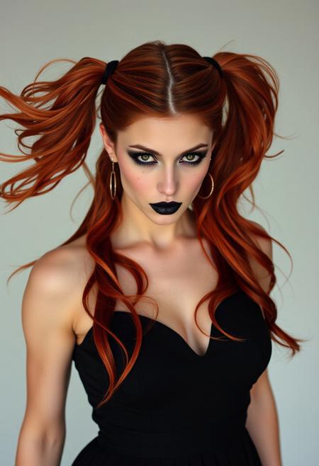 A stunning 25-year-old woman with flowing, fiery red hair styled in long, loose, high pigtails that cascade down her back. Her pale skin is contrasted by dramatic, smoky eye makeup, smudged and smeared with a touch of rebellious sensuality. Her deep, matte black lipstick is smeared across her lips, creating a bold, imperfect look that exudes confidence and allure. She wears a flowing, elegant gothic dress that accentuates her curves. With a sensual yet dominant gaze, she steps forward, inviting the viewer into her world of darkness and allure.