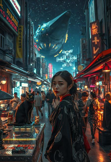 Setting is a futuristic cyberpunk street market at night, the market is comprised of street vendors selling robot parts, food, weapons, and robots. People wearing futuristic cyberpunk clothing are walking through the street market shopping and eating, A sleek black cat with red collar sits on a cluttered metal riveted desk with transparent top and micro-LED lighted computer components visible inside, On the desk is an ebony and gold maneki neko statue and futuristic art deco lighting, (((a beautiful woman, 24 years old, is standing in the foreground FACING THE VIEWER, she has an expression of interested curiosity)))))), the sleek black cat with red collar is sitting on the desk and watching the people walking by in the busy street market, the woman is dressed in futuristic cyberpunk Japanese style yukata with a plunging neck line alluring but Japanese classic aesthetic. An enormous art deco inspired starship with futuristic lighting and an enormous space station are visible in the background among the stars, The woman's hair is elegantly tied up with a ribbon. Artistic cyberpunk, dynamic perspective, (((overall architectural aesthetic is Art Deco Cyberpunk))).  Epic image that elicits a feeling of wonder and awe,