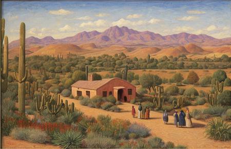 style of Henry Moret, arboretum ,farm ,hacienda , Desert , scene painting,a painting,scenery,