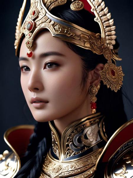 yangmi woman, photo realistic,heaven armor, armor is  flamboyant and exaggerated, also exquisitely detailed, extremely detailed, intricate, headshot, trending on artstation, cinematic lighting, hyper realism, high detail <lora:yangmi_XLL6e4_10:0.5>