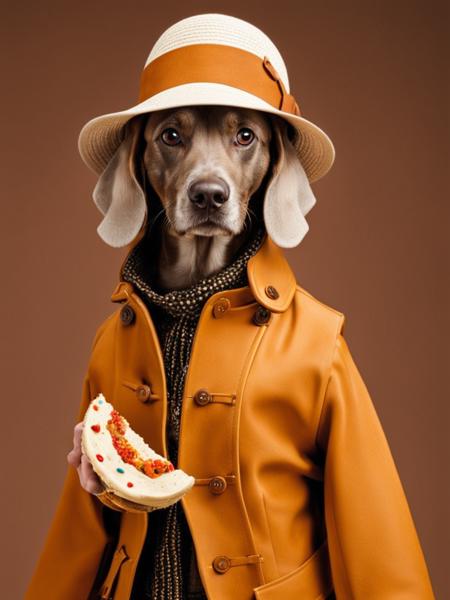 fashion photography of a dog wearing a professional  Arts & Entertainment > Hobbies & Creative Arts > Arts & Crafts > Art & Crafting Materials > Pottery & Sculpting Materials > Clay & Modeling Dough > Modeling Dough outfit,  <lora:William_Wegman:0.75>