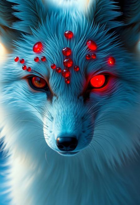 White fox full body photos, scales above the forehead, pasted a lot of luminous red rubies, eyes are red orange, hair has dense antennae, clear details,  ultra reale details, high-definition real-life shooting, movie-level lights, blue atmosphere, detail fur, detail eyes, detail rubies.