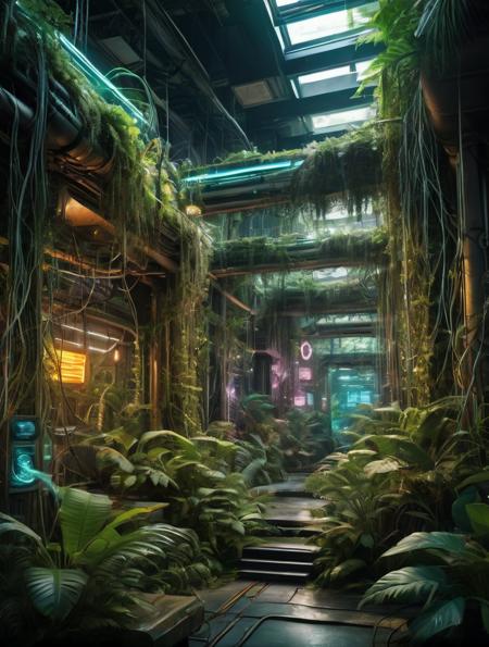 Hyperrealistic art Create a picture of an electronic jungle where swirling circuits and neon vines create cyber ecosystems where connectivity is the key to survival,high quality,highres,masterpiece, . Extremely high-resolution details, photographic, realism pushed to extreme, fine texture, incredibly lifelike