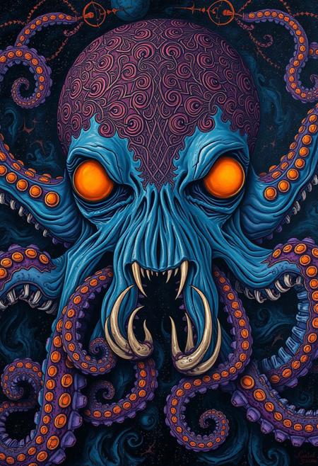 Historical medieval painting of a cosmic horror octopus with thousand teeth.  Highly ornamental abstract psychedelic style. Eerie, serious, adult, malicious atmosphere. Highly intricate, sharp and dirty oil painting. Vibrant shades of blue, purple, and orange.