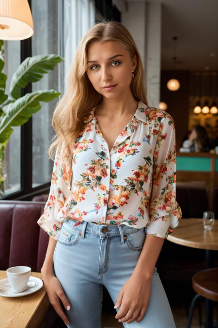 RAW photo of bublikova, Floral print blouse and high-rise skinny jeans for brunch at a cafe,  (high detailed skin:1.2), 8k uhd, dslr, soft lighting, high quality, film grain, Fujifilm XT3 , <lora:bublikova:1>