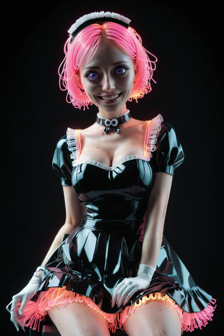 CivChan, purple eyes, pink hair, solo, French maid in torn frilly uniform, big eyes, wide happy smile, torn French maid dress, ripped frills, wreck yard, glowing scrap, sparking wires, sitting with butt on heels, tossing a grenade, big eyes, wide happy smile, boombox with loud speakers, 8k, best quality, vibrant colors, moody light, grayscale tones, black and white, bright light, ((<lora:World_of_Glass_Filament:1>, made of, tiny neon glass filaments, w0gf1l):2)
