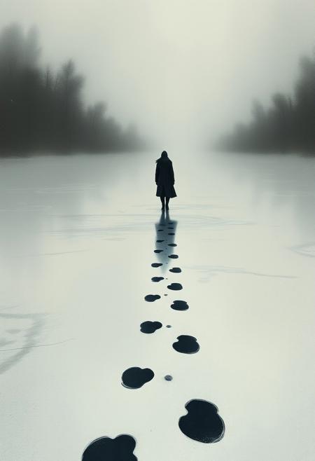 A figure walking across a frozen pond, their footsteps leaving behind inkblot patterns
minimalist surrealism, impressionistic realism, muted color palette, poetic symbolism, refined brushwork, chiaroscuro lighting, introspective mood, water and reflections, subtle social commentary, emotional restraint, soft textures, naturalistic figures in surreal settings