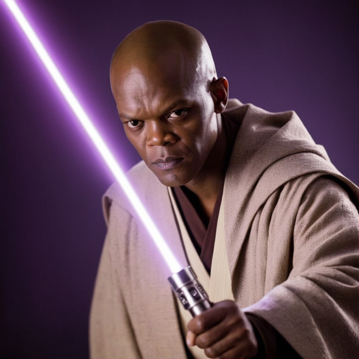 cinematic film still of  <lora:Mace Windu:1.2>
Mace Windu a man in a robe holding a purple light saber in star wars univer...