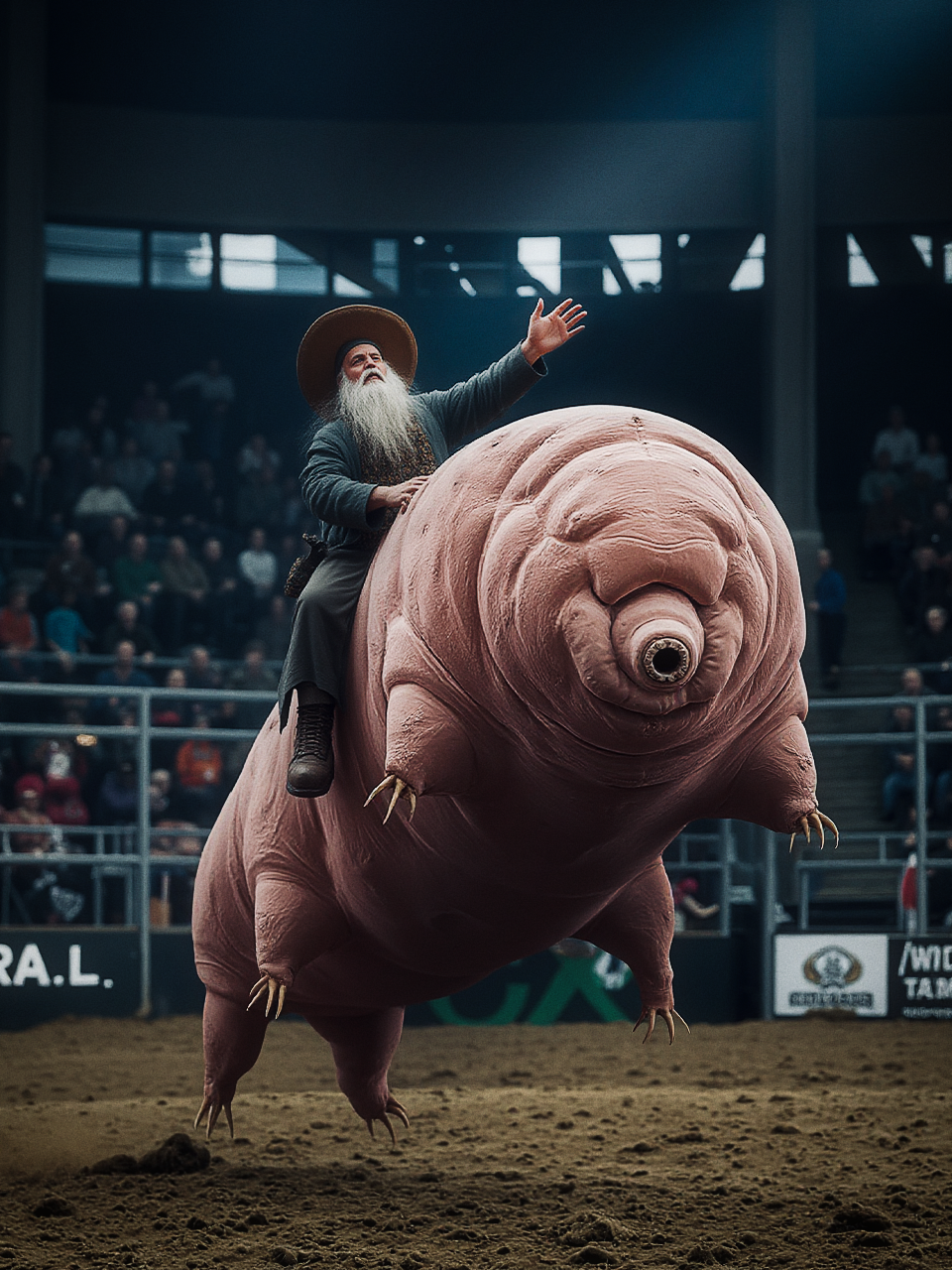 a_surreal_and_action_packed_scene_of_wizard_whitebeard_competing_in_a_bull_riding_rodeo__but_instead_of_a_bull__he_s_riding_a_massive__textured_tardigrade__the_wizard__wearing_a_classic_2208823716.png
