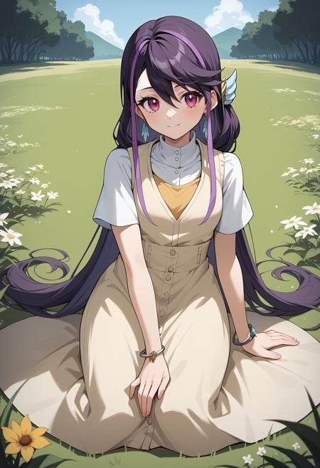 aaruri, long hair, multicolored hair, purple hair, hair ornament, earrings, pink eyes, grey shirt, white vest, brown belt, black pants aaruri, long hair, multicolored hair, purple hair, hair ornament, earrings, pink eyes, pinafore dress, yellow dress, short sleeves, bracelet