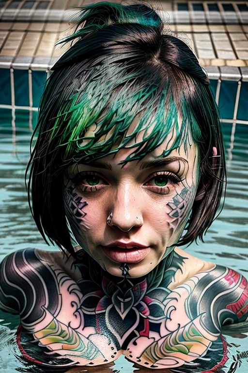 green hair woman, huge ttattooz everywhere on her  skin   at the pool swimming in water,  huge tattoo ttattooz on complete...