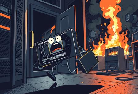 Dramatic action chase closeup, Comic with flat shading, dark server room, A motherboard graphics card from a computer with a panicked face with two metal thin legs holding a suitcase while running away out  of door, open computer case in background, burning computer, chaos, many burning computers