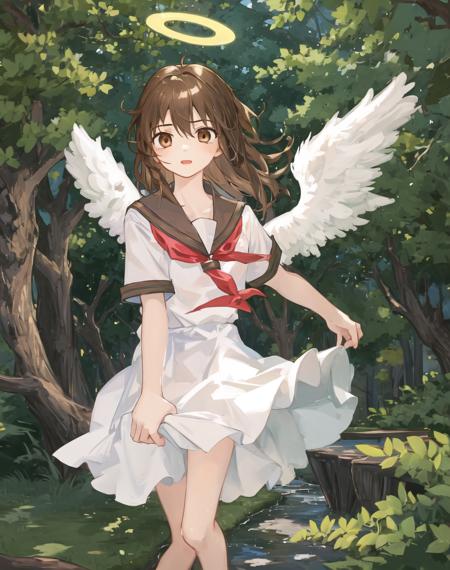 1girl, angel wings, brown eyes, brown hair, haibane renmei, halo, rakka, sailor collar, school uniform,  <lora:my_LoRA_rakka_v2:0.5>  antifreez  <lora:my_LoRA_antifreez_v1:0.4>