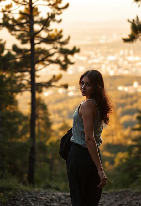 lone roguish female figure, walking away, glancing over shoulder, distant cityscape, transitioning from forest to urban environment, golden light of early morning or late afternoon, cinematic, journey progression, emotional warmth, subtle glance, candid, moment of doubt or hesitation, reflection on the journey, (forest in the background:1.2), city on the horizon, inviting introspection, natural light, dramatic lighting, depth of field, (captured naturally:1.2), (detailed background:1.3), (photorealism:1.4), 8k UHD, (blurry:-1.3), (lowres:-1.5), (ugly:-1.2), (mutated:-1.4), (worst quality:-1.4), (bad anatomy:-1.3), (cartoon:-1.1), (sketch:-1.1), (distorted proportions:-1.3), (extra limbs:-1.5), (cgi:-1.4), (extra characters:-1.5), (savanna:-1.4)