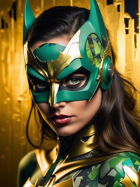 <lora:11VisualArt_Hap_XL:2.5>,Sandra Chevrier style,collage,torn paper effect ,pop art, comic book,batman, Robin, superhero, Sexy woman with gold and green mechanical body, glowing green face, glowing green skin, cinematic photography, golden cobweb, majestic, awesome, inspiring, closeup, smooth, atmospheric haze, cinamatic composition, soft shadows, national geographic style, green glow, extremely detailed