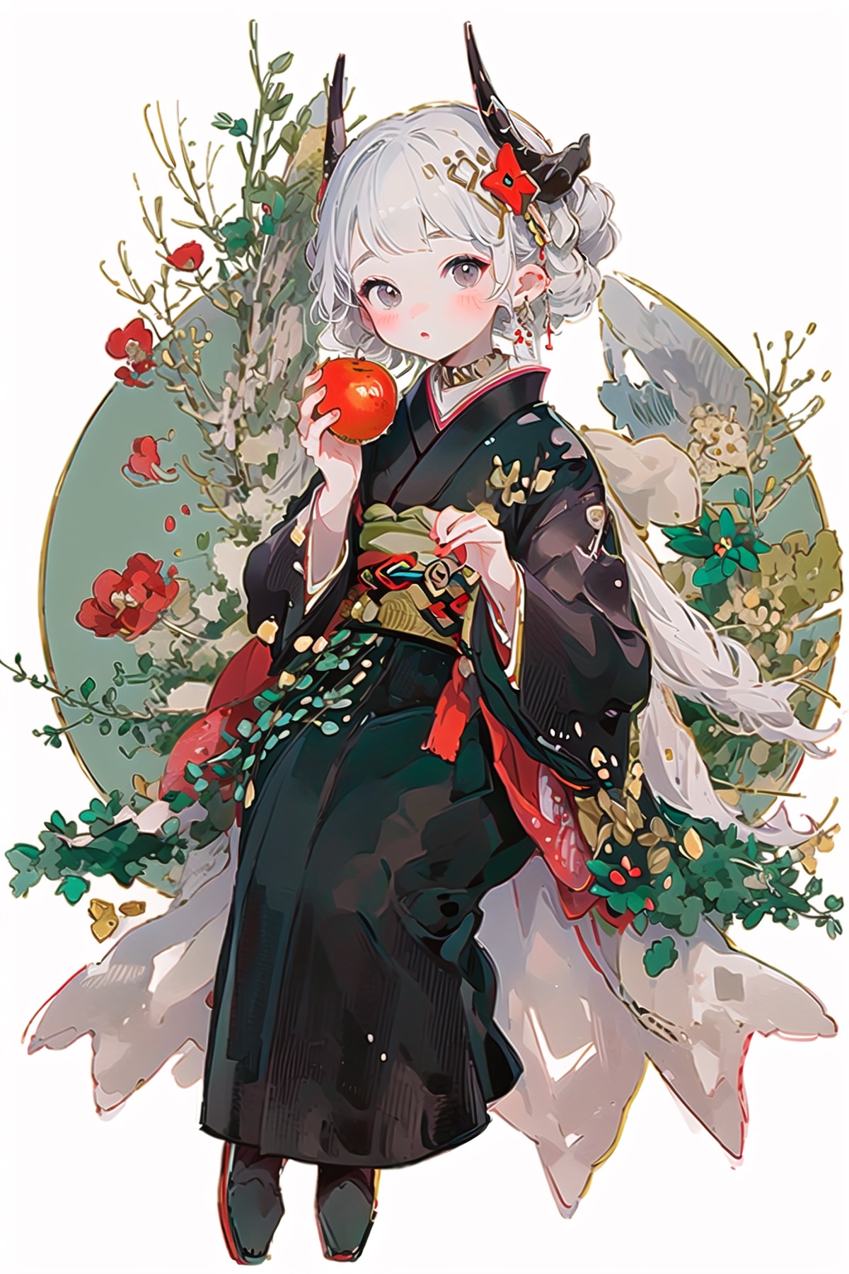 Obsidian,horns,1girl, solo, fruit, japanese clothes, food, flower, kimono, hair ornament, apple, holding food, holding fru...