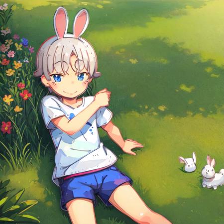 <lora:my-jrpencil-15:1> white bunny-boy in a t-shirt and shorts in tall grass , smiles , (illustration), cartoon, detailed