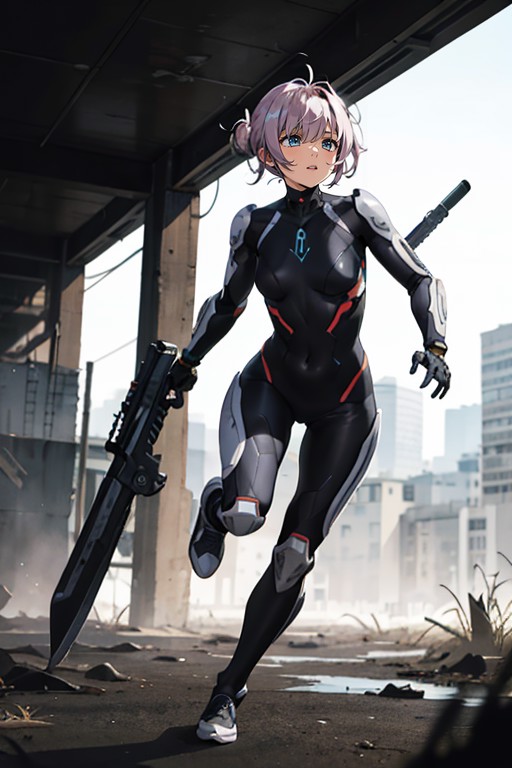 1girl running , sci-fi, cyber suit , battlefield, large weapon <lora:L_RM-KA1:1>  <lora:L_RM-KA2:1>,