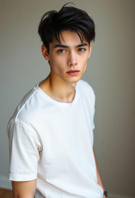 a beautiful 20 years old caucasian androgynous man, pale skin, black hair in medium shaggy cut haircut, brown eyes, thin, body with no visible muscles, natural beautiful face, white t-shirt, black jeans, looking at viewer