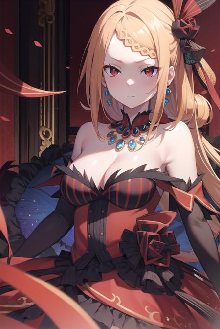 priscilla barielle, long hair, blonde hair, (red eyes:1.5), braid, single braid, braided bangs, one side up, hair ornament, gloves, dress, bare shoulders, jewelry, pantyhose, earrings, black gloves, necklace, high heels, red dress, red footwear, bridal gauntlets,