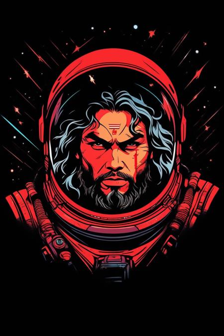 illustrator, ghibli , sticker design, portrait art style , jason momoa,  portrait, visor,Hangers, Black gradient background, electric red hair, Glistening ,astronaut ,Syrian , Deep, shadowy eyes, textured shading, Intense emotional depth, Captivatingly eerie presence, Despressing, (masterpiece,best quality)