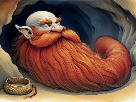 Watercolor painting of a peculiar dwarf-like being with a head and features typical of a dwarf, but their body is entirely composed of a flowing, long red beard, sleeping, laying down,  braided moustache, gold bangles, They have no visible arms, torso, or legs, in a cave, goblins in the background, <lora:Harry_Dwarf:1>, Vibrant, beautiful, painterly, detailed, textural, artistic