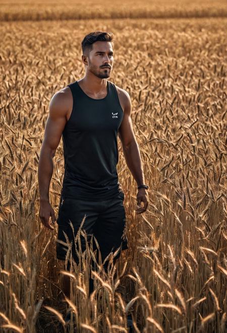 A man of 30 years old, 
tanned, 
in black shorts, 
with a bare torso, 
stands in the middle of a wheat field on a bright day of a hot summer day, 
ultra detailed ultra HD, 
Canon EOS R6 Mark II, 
award-winning, 
Professional, 
8k, 
stylize 1000, 
chaos 1000, 
perfect composition, 
beautiful detailed intricate insanely detailed octane render, 
8 k artistic photography, 
epic royal background, 
big royal uncropped crown, 
royal jewelry, 
robotic, 
nature, 
full shot, 
symmetrical, 
Greg Rutkowski, 
Charlie Bowater, 
Beeple, 
Unreal 5, 
hyperrealistic, 
dynamic lighting, 
fantasy art