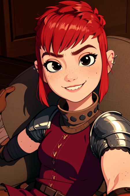 Nimona, black eyes, upper body, smiling,  short hair, 
NimSuit,,armor,bandages,gloves ,dress,brown footwear, 
red coach,  lounging, home base, 
(insanely detailed, beautiful detailed face, masterpiece, best quality) <lora:Nimona-10 v3:0.7>