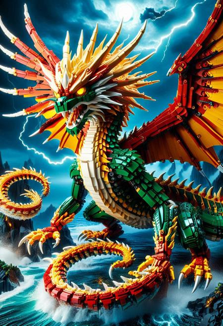 digital art images, beautiful, fantasy, and complex, detailed portrait , 
Lego set eastern_dragon made of lego
Flying:1.4, roar:1.4, /(wings spread wide/)
fiery colors, deep green, electric yellow, molten golden edges, 
beautiful, 
thunder,bolt
sea, night time, cloudy,
masterpiece, photorealistic, highly detailed,