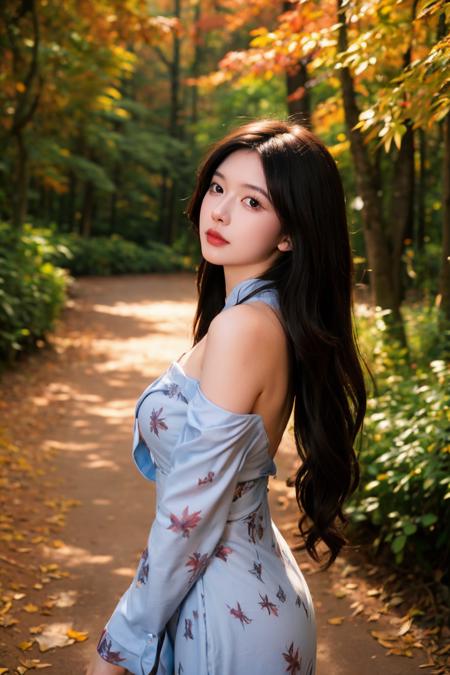 1girl,very long hair,print_cheongsam,rim light,absurdres,(autumn maple forest:1.3),very few fallen leaves,(path),botanical garden,portrait,off shoulder,