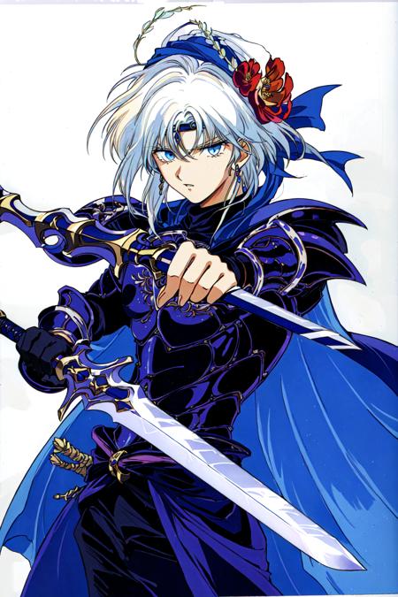 Arislan Retro Style,  solo,  blue eyes,  1boy,  holding,  weapon,  flower,  white hair,  male focus,  sword,  cape,  holding weapon,  armor,  circlet,  retro artstyle,  1990s (style),  turban, <lora:EMS-48057-EMS:0.800000>