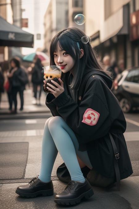 4K,8K. An attractive american gothic punk girl, chestnut very long wavy hair, wide dreamy light blue eyes, wide smile, face close up, (holding a bubble tea,) (dynamic sitting pose, on the street)