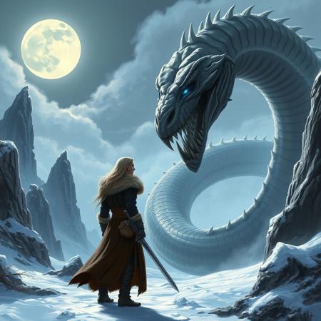 Theme: Fantasy, epic confrontation, mythical creature.
Characters: Human figure facing a massive serpent.
Human: Long blond hair, fur-lined brown coat, gloves, sword in hand.
Creature: Enormous skeletal snake, cracked texture, glowing blue eyes, sharp fangs, intimidating posture.
Setting: Snowy landscape, jagged rock formations, ethereal atmosphere.
Background: Full moon glowing brightly, misty clouds, icy tones.
Mood: Tense, ominous, awe-inspiring.
Action: Human standing firm, serpent looming menacingly.
Style: Dramatic, detailed, high fantasy illustration.