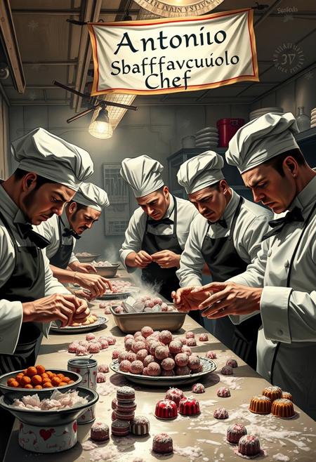 “In a high-end restaurant kitchen, a group of skilled thieves disguised as gourmet chefs work in a chaotic yet elegant environment. They expertly prepare decadent candies laced with stolen secrets and rare ingredients. The chefs whisper plans for future heists as they mold the sweets, their fingers stained with sugar and mischief. The kitchen is filled with an air of culinary mastery, but beneath it all, the thieves’ true intentions are hidden. The image includes a banner with the text ‘Antonino Sbaffavacciuolo Chef’ hanging above the kitchen.”