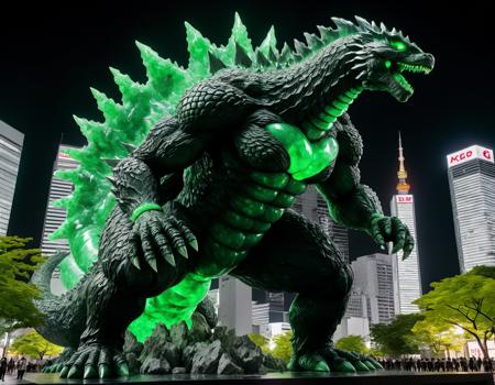 A gigantic Godzilla stomping through downtown Tokyo at night  (made of glowing green Obsidian Jade:1.3) <lora:Obsidian_Jade_Style:1> <lora:add-detail-xl:1>