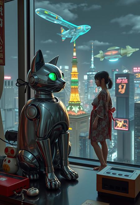 Shiny Metal Mechanical Robot Cat with glowing green blue eyes sits on a cluttered metal riveted desk next to a maneki neko statue and a small Nintendo , the robot cat is looking out to a floor to ceiling window that looks out over a futuristic cyberpunk Tokyo skyline with skyscrapers, holographic advertisements, futuristic airships covered with lights and advertisements in Japanese, a space elevator, (((a tall thin beautiful young woman, 22 years old, is standing next to the cat looking out at the city through the window))), The woman is dressed in an ornate Japanese style bath robe, exposing some cleavage and her lower legs.  The woman's hair is messy from just waking up and tied up with a ribbon. Artistic cyberpunk, dynamic perspective, a translucent neon projection of a strip club bar advertisement displaying a partially dressed woman is visible on a nearby building,