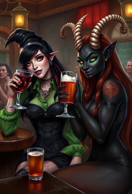 2creatures  drinking in a tavern;
1 Curvy witch, goth, realism, realistic, black hair orange and red streaks, corset dress, green transparent shirt, flirtatious smile, purple lipstick, drinking red wine from a goblet 
1 faun warrior, body painted, She has radiant dark  skin and pearlescent horns, glowing eyes, and long glowing bright copper hair, drinking beer