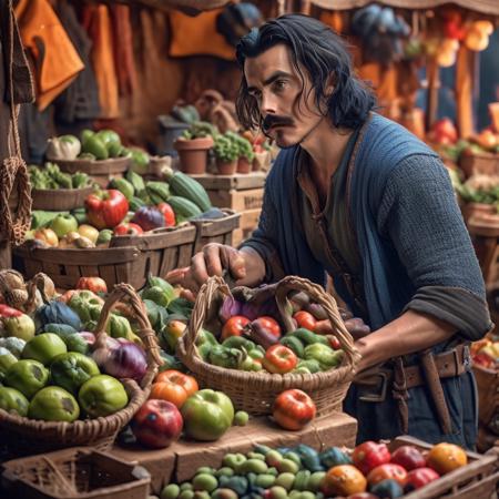 highly detailed analog photo of vendor (grocer), 

1boy, black hair, solo, holding, male focus, food, indoors, blurry, fruit, depth of field, blurry background, facial hair, knife, beard, realistic:1.3, mustache, apple, basket, vegetable, holding basket, onion,  (professional lighting:1.2)

masterpiece, best quality:1.1, 


depth of field:1.1, 
(analog photography:1.2),



