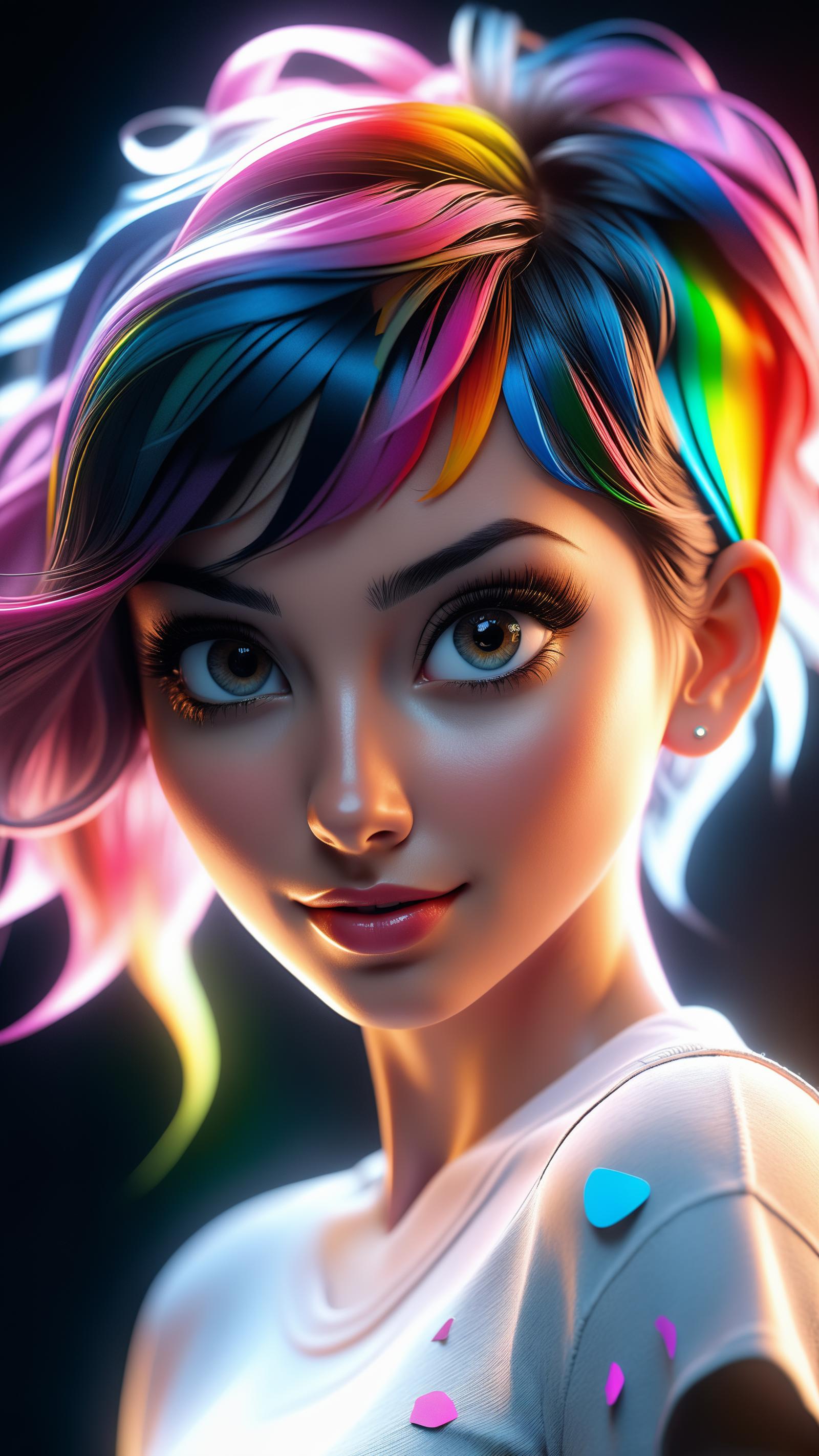 A colorful digital painting of a woman with pink hair, blue eyes, and a white shirt.