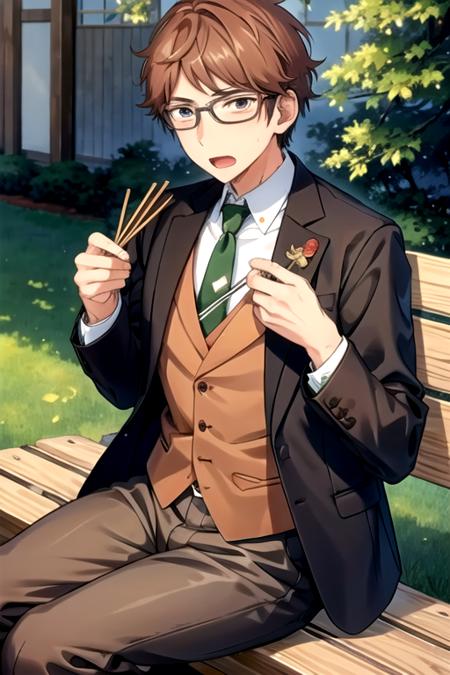 <lora:AkiomiKunugi-02:0.75> , akiomi, open mouth, shirt, long sleeves, holding, sitting, jacket, white shirt, outdoors, food, open clothes, necktie, glasses, day, collared shirt, pants, vest, open jacket, tree, formal, suit, grass, brown jacket, chopsticks, bench, bush, brown pants, green necktie, holding chopsticks, brown vest, bento, lapels, thermos