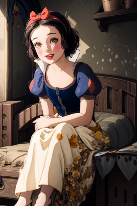 (masterpiece, best quality, high resolution:1.4), portrait,
snow white, 
1girl, woman, smile, looking at viewer,
(medieval dress, yellow skirt, long skirt, red hairband),
sitting on bed,
indoor,
<lora:SnowWhite_v1:1>