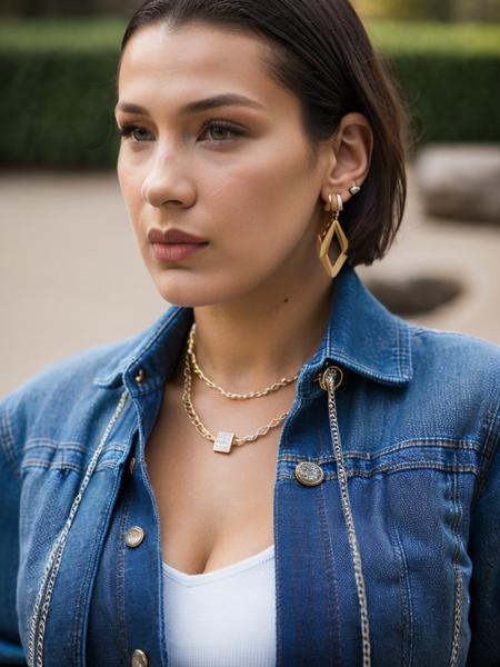 Realistic photo of a beautiful b3ll1h woman,1girl,solo,breasts,short hair,brown hair,shirt,black hair,cleavage,brown eyes,jewelry,medium breasts,jacket,upper body,earrings,necklace,mole,blurry,lips,looking to the side,denim,blue jacket,realistic,nose,denim jacket, soft lighting, professional Photography, Photorealistic, detailed, RAW, analog, sharp focus, 8k, HD, high quality, masterpiece<lora:b3ll1h:1.0>