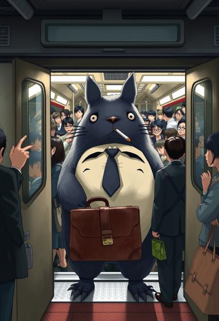"From the bustling platform of a Tokyo Metro station, a weary Totoro is visible through the open doors of an overcrowded train, facing outward. His fur is slightly matted and sagging from exhaustion, an unlit cigarette dangling loosely from his mouth, its tip faintly stained from being chewed. He wears a disheveled Japanese salaryman suit—dark blue fabric wrinkled, white shirt untucked and crumpled, tie hanging crooked with a missing jacket button. His large, clawed paws clutch a scuffed leather briefcase, worn from years of use. Inside the train, passengers are jammed together—salarymen in stiff suits, students in crisp uniforms, and office workers gripping straps or phones—pressed shoulder-to-shoulder under harsh fluorescent lights. The air hums with muffled chatter and the distant screech of rails. Outside, a chaotic crowd of commuters surges toward the open doors, elbows jostling and briefcases swinging as they try to squeeze into the already packed carriage. A few platform onlookers—a young woman with wide eyes, an elderly man with a furrowed brow, and a child pointing excitedly—stare at Totoro in surprise, their faces caught in the station’s dim glow. Beyond the train, the station’s tiled walls are plastered with colorful ads, and a digital clock overhead ticks forward, while the distant rumble of another train echoes through the underground.