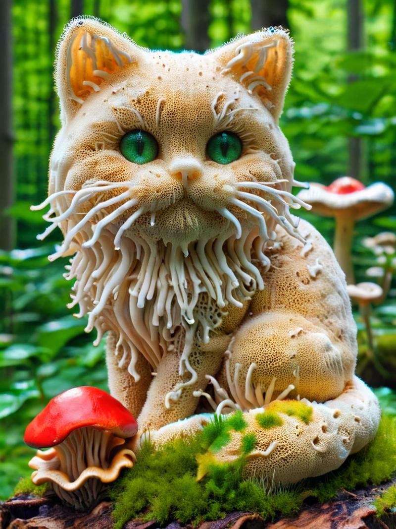 A unique cat sculpture with green eyes and a beard, sitting on a mushroom.