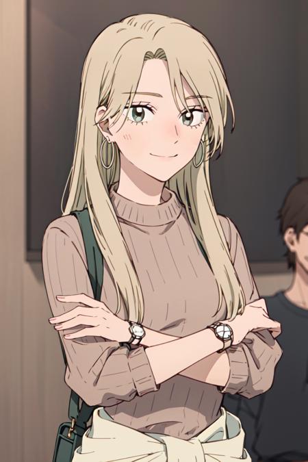 best anatomy, detailed eyes, perfect eyes, yuzukiv1, long hair, grey eyes, 1girl, solo, smile, blonde hair, simple background, medium sleeves, sweater, turtleneck, hoop earrings, brown sweater, pants, bag, watch, wristwatch, high-waist pants, upper body, portrait, Standing with arms crossed at the waist, <lora:YuzukiV1:0.9>