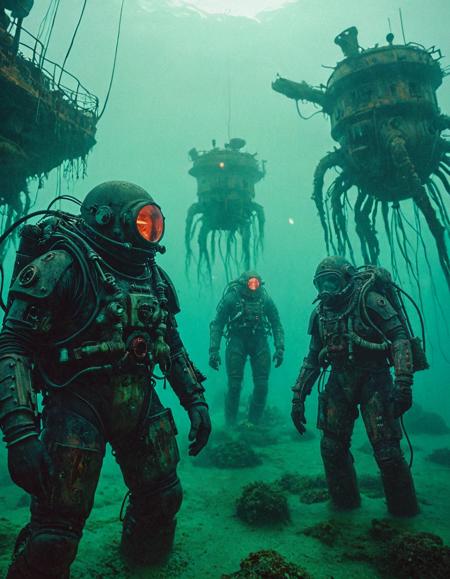 cinematic photo Surrealist art breathtaking cinematic film still robed aquatic pilgrims in pressurized diving suits,breathing through algae-stained rebreathers,wading through flooded ruins shrouded in bioluminescent teal mist,towering rusted mech half-submerged in coral-crusted seabed,barnacles encrusting massive legs,glowing red sonar eye scanning the trench,swaying kelp and drifting sediment clouds,remnants of lost naval warzones,cinematic lighting filtered through murky ocean surface,shot on Kodak Vision3 500T,Canon AE-1 with 35mm f/2 lens,deep focus,somber and mythic underwater apocalypse tone,<lora:add-detail-xl:1>,OverallDetailXL,ArsMovieStill,<lora:MJ52_v2.0:0.7>,<lora:EldritchCandids1.1.2:0.75>,<lora:EpicF4nta5yXL:0.4>,<lora:Year_3000_Movie_Stills:0.7> . shallow depth of field, vignette, highly detailed, high budget, bokeh, cinemascope, moody, epic, gorgeous, film grain, grainy . award-winning, professional, highly detailed . Dreamlike, mysterious, provocative, symbolic, intricate, detailed . 35mm photograph, film, bokeh, professional, 4k, highly detailed