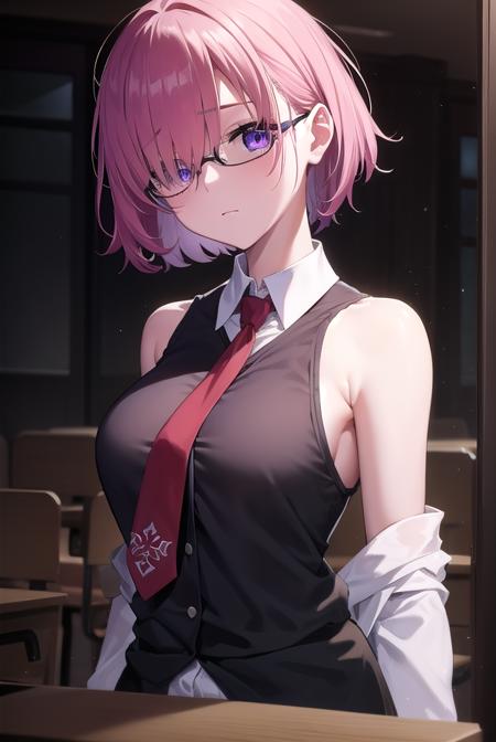 mashkyrielight, <lyco:mashkyrielight-lyco-nochekaiser:1>, 
mash kyrielight, glasses, hair between eyes, hair over one eye, (purple eyes:1.1), pink hair, short hair,
BREAK hood, shirt, collared shirt, white collar, black shirt, necktie, red necktie, sleeveless, off shoulder,
BREAK looking at viewer,
BREAK indoors, classroom,
BREAK <lyco:GoodHands-beta2:1>, (masterpiece:1.2), best quality, high resolution, unity 8k wallpaper, (illustration:0.8), (beautiful detailed eyes:1.6), extremely detailed face, perfect lighting, extremely detailed CG, (perfect hands, perfect anatomy),