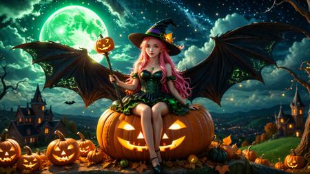 yuukananri,1girl sitting on a pumpkin with bat wings,((winged pumpkin)),(holding a glowing magic wand),1girl with long pink hair,wearing a hat,green eyes,8k,high detailed,ultra-detailed,a dark night,Halloween style,magical atmosphere,starry night sky,spooky clouds,detailed background,(best quality:1.1),(masterpiece:2),Cinematic Lighting,cinematic light,<lora:detailed_notrigger:1>,<lora:xl_more_art-full_v1:0.8>,<lora:yuukananri-base-02-XL:0.8>,