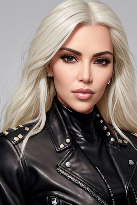 closeup photo of biker Koh_KimKardashian, wearing closed leather jacket with iron studs, long blonde hair, looking at viewer, perfect face, perfect eyes, sharp focus, intricate, high detail